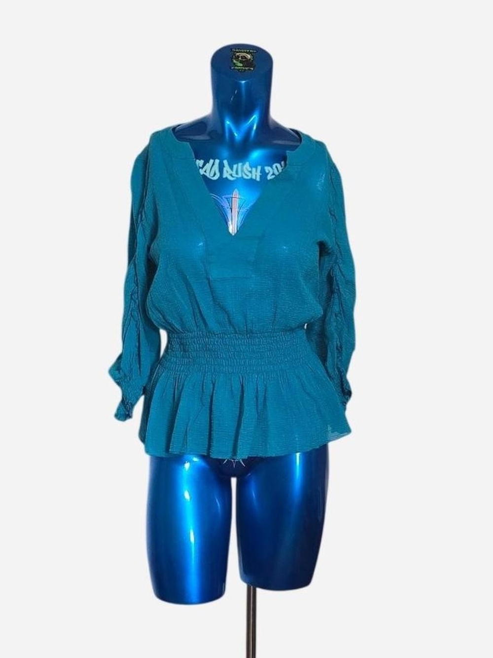 BCBGMaxAzria Teal Smocked Peplum V-Neck Blouse